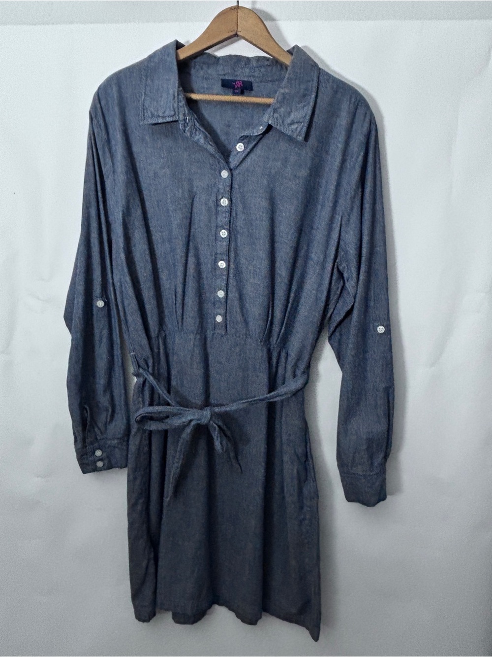 Blue Denim Like Button Down Shirt Dress 100% Cotton Tie Waist XL